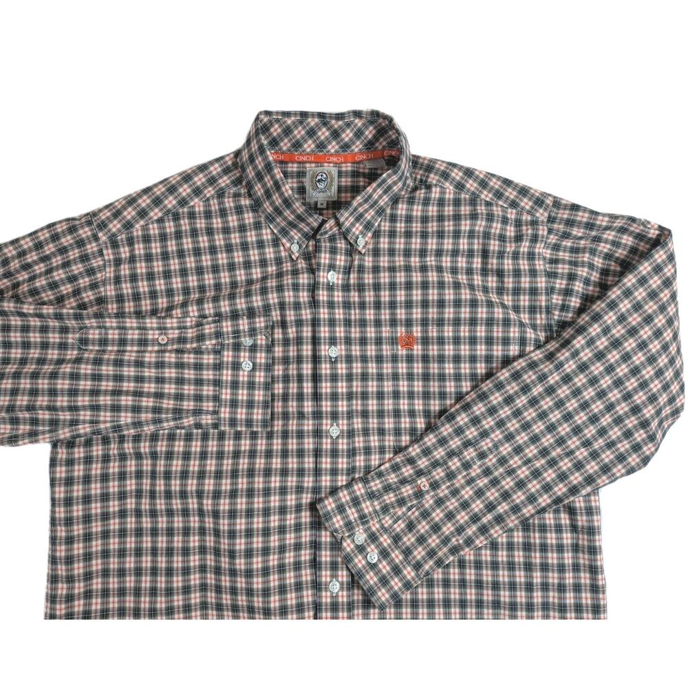 Cinch Western Black Orange Plaid Button Down Long Sleeve Shirt Men's Size Medium
